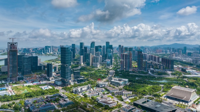 深圳南山前海自贸区桂湾建筑群大气航拍延时