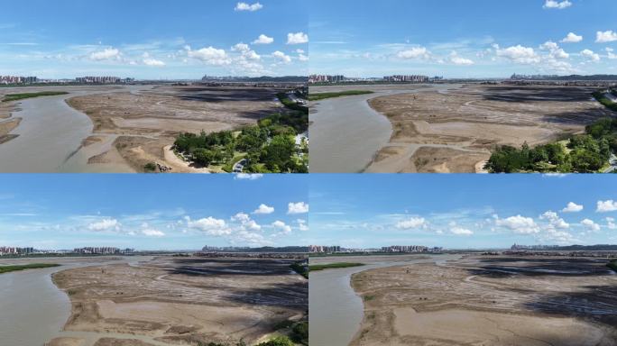 河流湿地城市风光航拍滩涂退潮后的海滩风光