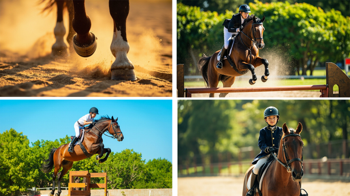 马术儿童马术骏马飞跃障碍瞬间