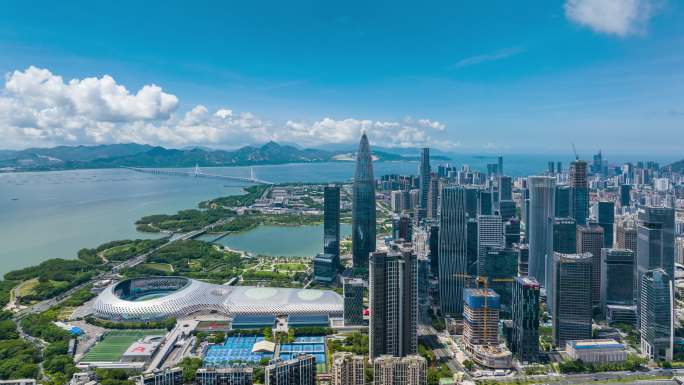 深圳南山深圳湾体育中心华润大厦航拍延时