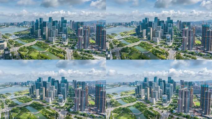 深圳南山前海自贸区桂湾建筑群大气航拍延时
