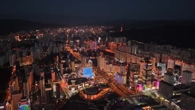 航拍青海省西宁市城市夜景