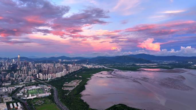 4K航拍深圳城市深圳湾美丽黄昏晚霞