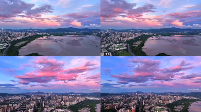 4K航拍深圳城市深圳湾美丽黄昏晚霞