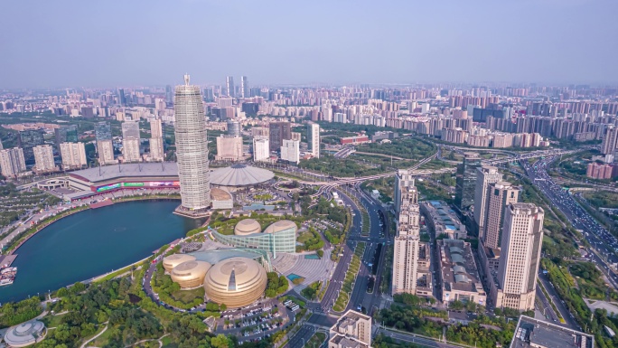 8K郑州CBD繁华城市交通车流航拍延时