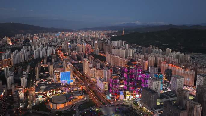 航拍青海省西宁市城市夜景