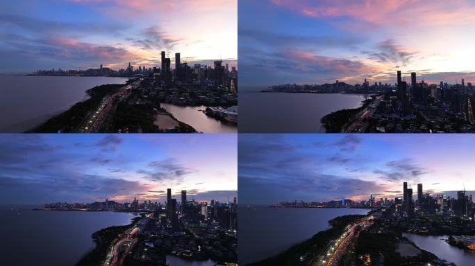 4K航拍深圳夜幕降临晚霞