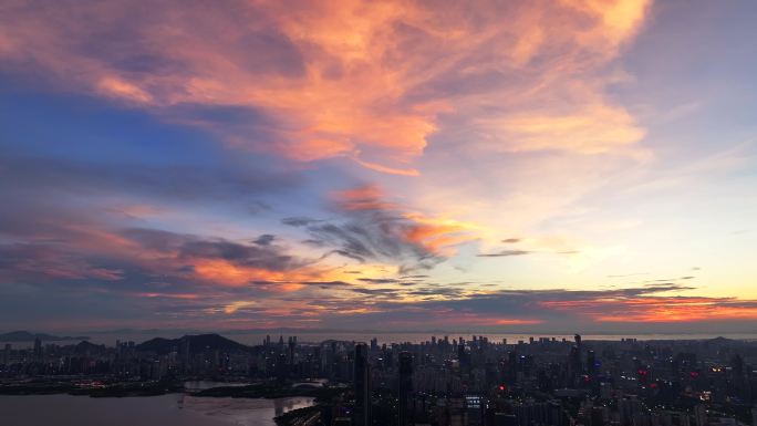 4K航拍深圳城市美丽黄昏