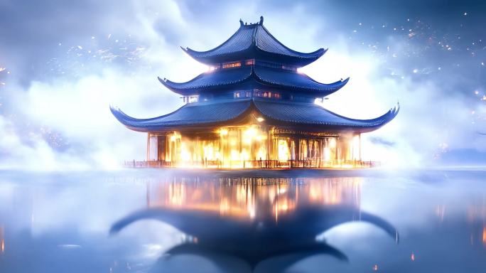 湖面楼阁倒影如梦似幻水墨风古建筑唯美意境
