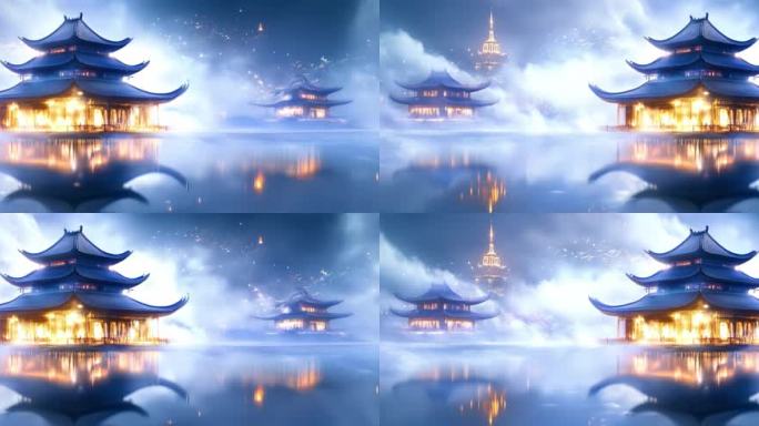 湖面楼阁倒影如梦似幻水墨风古建筑唯美意境