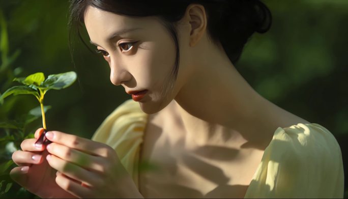 少女与绿植的清新互动