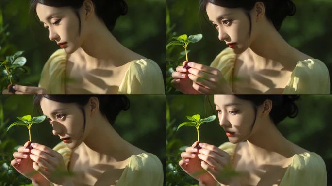 少女与绿植的清新互动