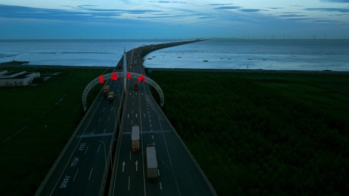 跨海大桥车流夜景航拍 东海大桥日出夜幕