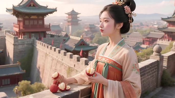 长安荔枝古风美人品尝荔枝