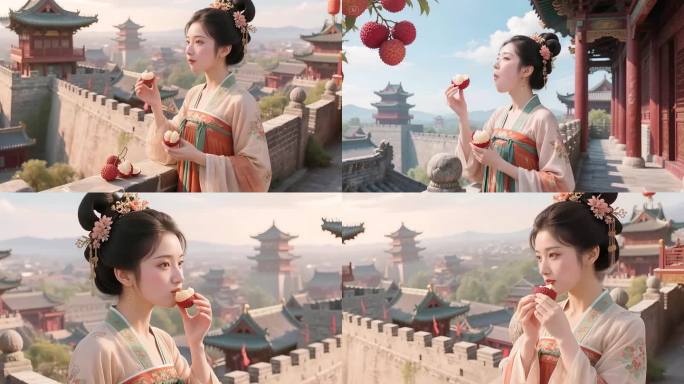 长安荔枝古风美人品尝荔枝