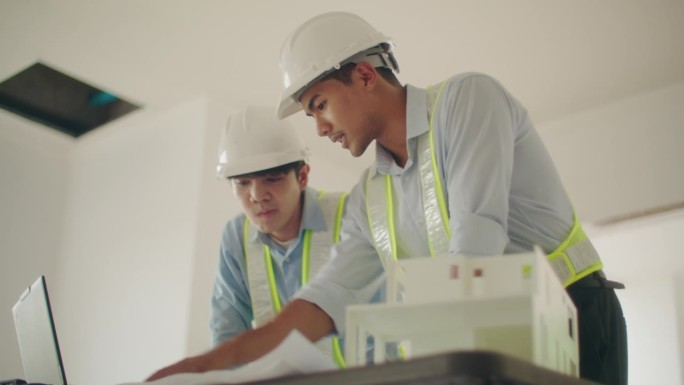 工程师和建筑师在施工现场查看蓝图并讨论想法。