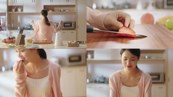 精致女性厨房烹饪 水果沙拉制作健康生活