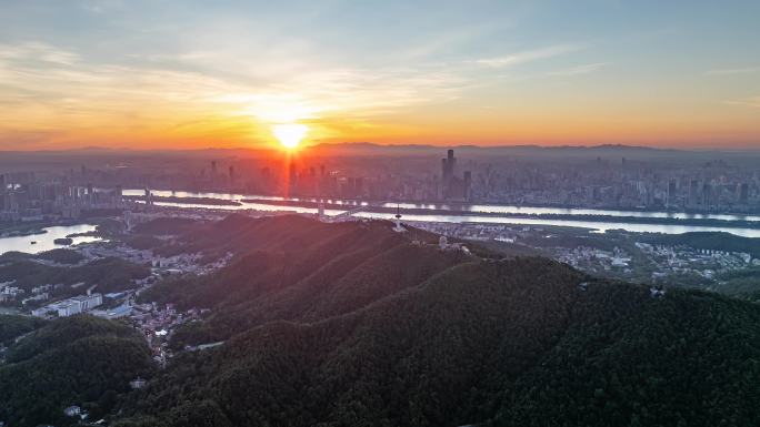 长沙岳麓山日出城市风光航拍延时