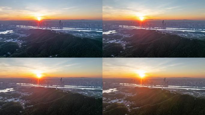 长沙岳麓山日出城市风光航拍延时