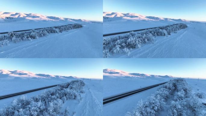 雪山和路边的霜冻树木