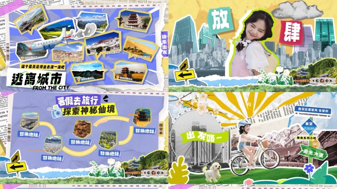 卡通拼贴撕纸剪纸风旅游图文攻略活动快闪