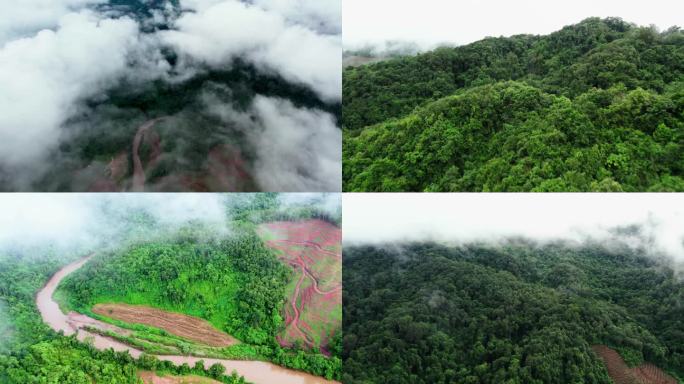 云雾下的山川河流航拍