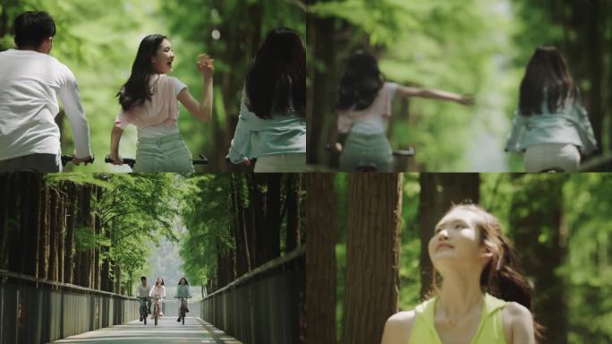 户外运动 公园绿道骑行 美女森林跑步