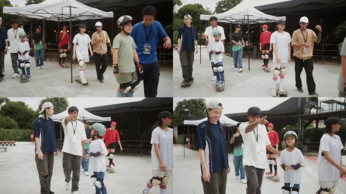 教练们正在指着滑板公园的不同区域，并解释在训练中将如何使用这些区域。