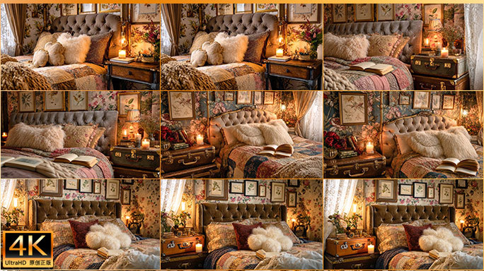 欧式复古风卧室温馨装修 浪漫壁纸卧室氛围