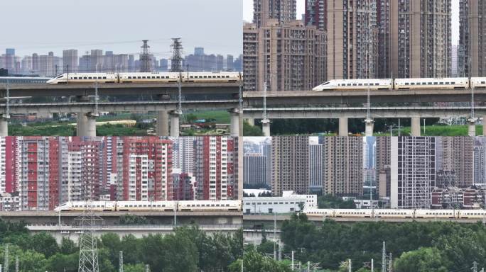 城市建筑群和高架桥上高铁铁路
