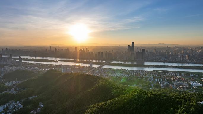 长沙岳麓山日出城市风光航拍延时