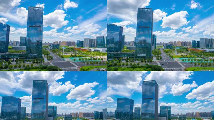 蓝天白云下的现代都市航拍延时