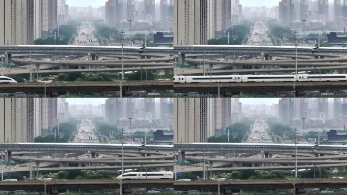 城市建筑群和高架桥上高铁铁路