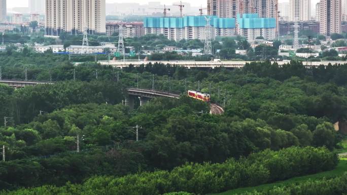 在城市树林中穿行的火车