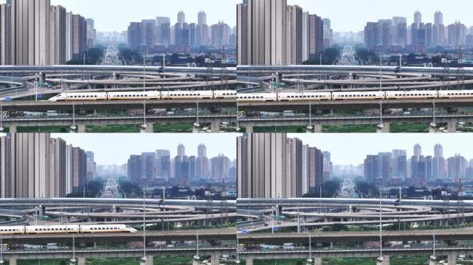城市建筑群和高架桥上高铁铁路