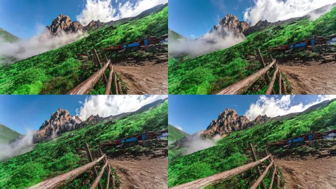 川西山脉甘孜自然风光险峻山峰下的绿色秘境