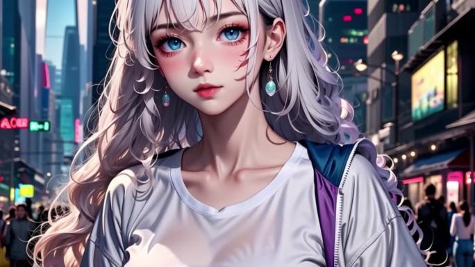 赛博都市中的动漫少女