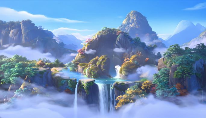 花果山水帘洞 云雾缭绕的山间瀑布美景