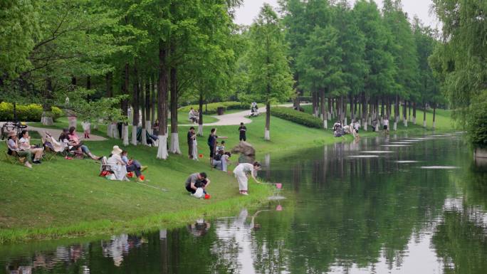 公园湖畔休闲时光