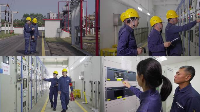 南方电网工人在变电站巡检作业检查电力设备