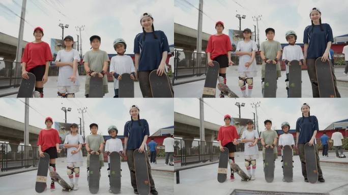 一群亚洲Z世代年轻人在滑板公园穿着酷炫的滑板装备摆姿势，全部看向镜头。