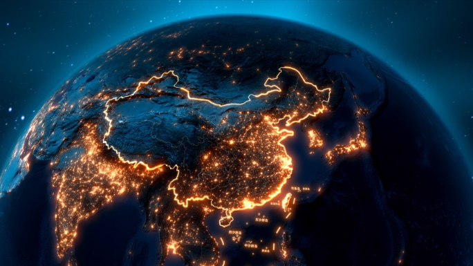 中国地图点亮夜景地球
