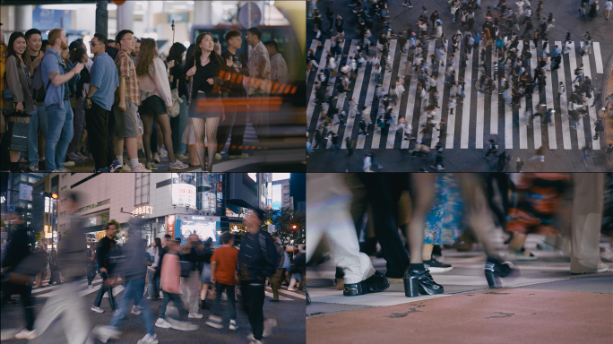 夜晚城市十字路口人流涌动