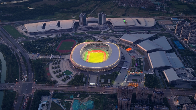 航拍苏超足球比赛徐州市奥体中心日落夜景