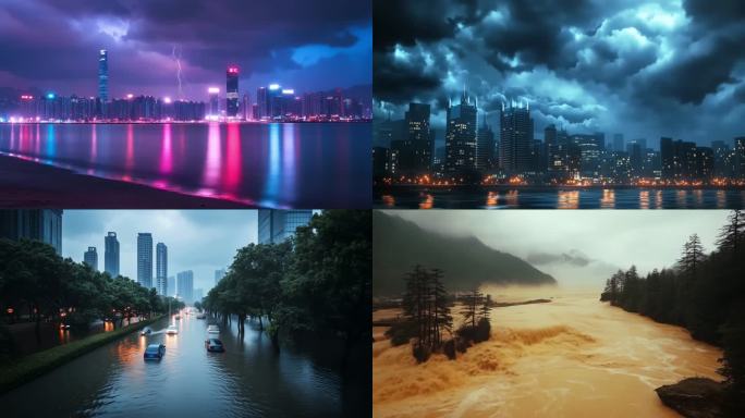 闪电乌云狂风暴雨天气城市暴雨内涝灾害