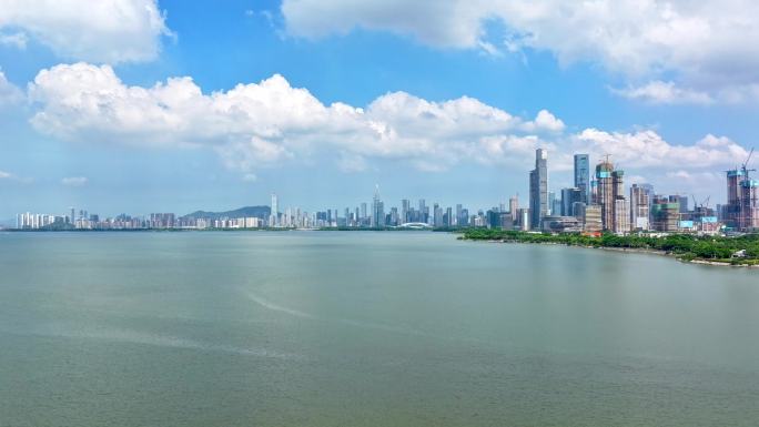 4K航拍延时深圳湾蓝天白云