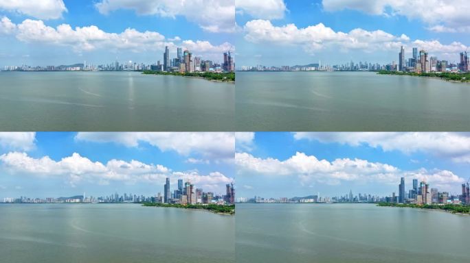4K航拍延时深圳湾蓝天白云