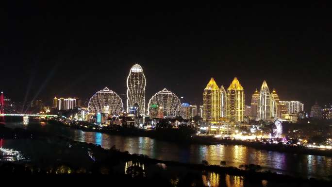 景洪澜沧江夜景航拍 版纳告庄夜景4K