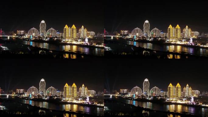 景洪澜沧江夜景航拍 版纳告庄夜景4K