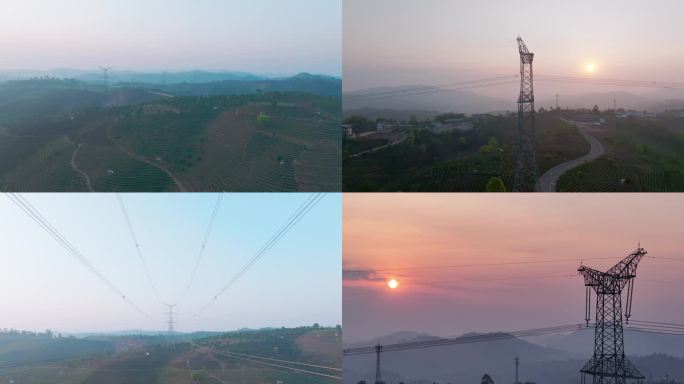 山间输电塔日出景观 电力铁塔与自然风光